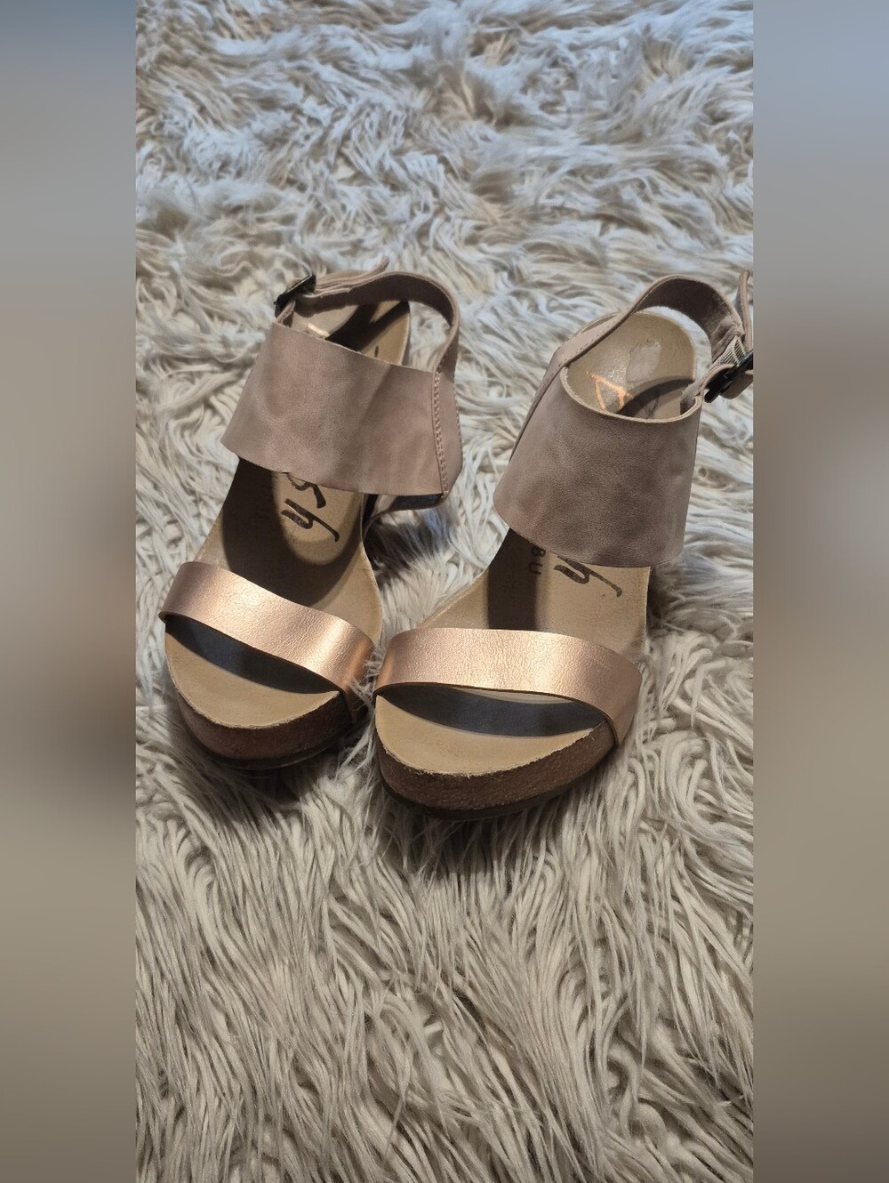 Blowfish Taupe Suede & Rose Gold Wedge Heels